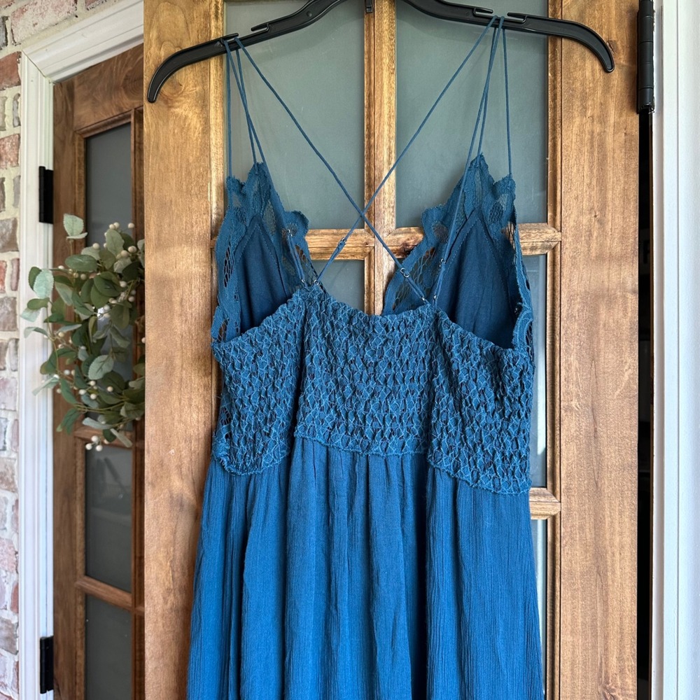Free People FP One Maxi Dress Womens Medium Teal Blue Lace Boho Ruffle Hem - Picture 16 of 16